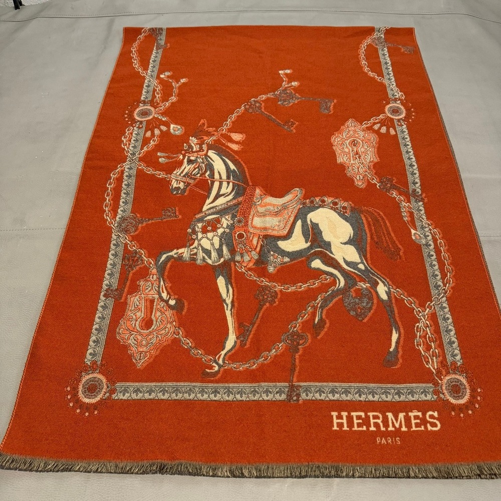 VTG Hermes Les Cles Key Horse 70x25" Wool/Cashmere Scarf Italy Orange/Gray-6107